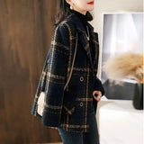 Autumn And Winter New Fashion Korean Loose Thin Retro Lattice Splicing Hundred Suit Collar Hair Coat