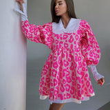 Zingj Spring New Dress Fashion Long Sleeve High Waist Print A-Line Skirt Doll Collar Fluffy Skirt-Outfit