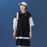 Women Hooded Top Shorts Matching Sets Summer Casual Loose Sportswear Female False Two Clothes Suit Patchwork Hoodie