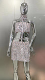 High Quality Fashion Hanging Neck Sexy Casual Diamond Embossed Top + Elegant Full Diamond-Mounted Half-Dress