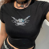 Punk Aesthetics T-shirt Y2K Woman Clothes Streetwear Gothic Crop Tops Rhinestones Heart Print Black Top Women