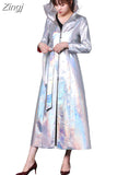 Spring Autumn Long Luxury Shiny Reflective Holographic Patent Pu Leather Trench Coat for Women European Fashion