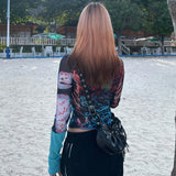 Spring 2024 New Round-Neck Collar Long-Sleeved Mesh Printing Casual Women's Top