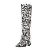 New Autumn Winter Zebra Print Women Boots Fashion Pleated Square High Heel Knee High Boots Ladies Slip On Pointed Toe