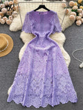 French Vintage Casual Lace Dress O Neck Butterfly Sleeve Zipper Hook Flower Hollow Fashion Slim Embroidery Long