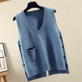 women's new Korean style sleeveless V-neck knitted waistcoat loose pocket color-blocking pullover