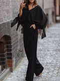 Women 2022 V Neck Shirts & Straight Long Suits Pants Outfit Loose Solid 2 Piece Sets Autumn New Commute Long Sleeve Belt