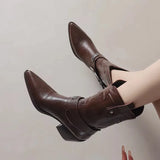 Wind Short Boots Women's Spring And Autumn Single Boots 2025 New Thick Heel High Heel Pointed Knight Boots Retro Western Cowboy