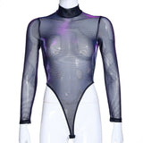 Shining Long Sleeve Bodysuit Mesh Fishnet Jumpsuit Women Goth Gothic Sexy Body Femme Shirt Top Transparent Blouse