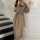 Turtleneck Buttons Women Knitted Dress Elegant Full Sleeve Lace-up Female Thicken Long Dress for Sweater Autumn 2023