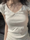 Slim T-Shirt Summer V Neck Streetwear Cotton Top 2023 Femme Sweet Cute Y2k Simple Tee Tops Woman