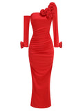 Women's Three-Dimensional Flower Design Folds Open Fork Solid Color Dress