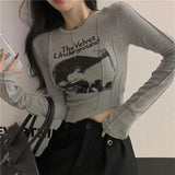 Sexy T-shirt Slim Grunge Letters Print Tee Tops Elastic T-shirt For Women O Neck Long Sleeve Crop Tops Y2k Tops