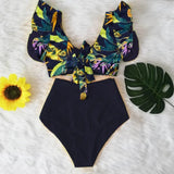 Ruffled Hem Bikini Set Women Flora V-Neck High-Waisted Two Piece Swimsuit 2023 Girl Beach Bathing Suit Swimwear