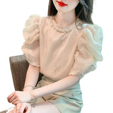 Small Fragrant Bubble Sleeve Heavy Industrial Nail Bead Chiffon Shirt 2025 Summer New Embroidery Design Sense Of Gas