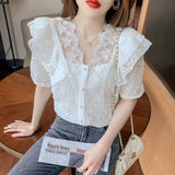 Summer V Neck Lace Shirt Fashion Short Sleeve Ruffle Stitching Sweet Women Tops with Suspenders Korean Crochet Blouse