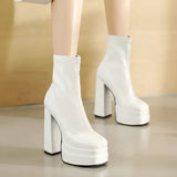 White Women Ankle Boots 2022 Fashion Double Platform Squaer High Heel Punk Boots Slip On Stretch Woman Boots Plus Size