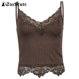 SUCHCUTE Goth Aesthetic Lace Patchwork Tank Tops For Women Sexy V-Neck Brown Retro Crop Tops Summer 90s Fashion Casual