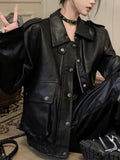 Streetwear Black Leather Jacket Women Winter Casual Moto Biker Zipper Leather Jacket Fashion Trench High Street Faux