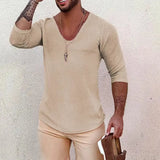 Mens New Autumn Casual Skinny Long Sleeve V-Neck Tee Shirt 2022 Fashion All-match Tops Pullover Retro Rib Solid Knitted