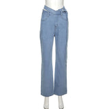 Fashion Womne's Denim Bandage V-neck backless Tops And High Waist Loose Straight Sashes Jeans Female Summer 2023