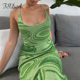 2021 Print Knit Bodycon Dress Women Green Summer Hollow Out Sexy Sleeveless Spaghetti Strap Beach Midi Dresses