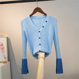 V-neck Knitted Cardigan Women's Patched Full Sleeve Buttons Sweaters Cardigans Femme Thin Knitwear Crop