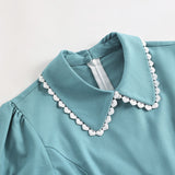 Solid Blue Vintage Swing Dress With Pocket Women Summer Retro 40s 50s 60s Pinup Rockabilly Party Dress Vestido Robe