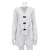 Zingj Spring Women's New Chinese Niche Design Sense Long Sleeve Deep V Coat Coat High Waist Shorts Striped Suit-Outfit