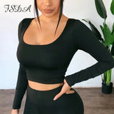 Summer Spring Crop Top Long Sleeve Women Black Sexy Shirt White Square Neck Casual Tee Top Mujer