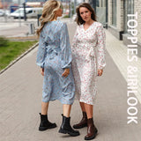 2021 Dress Sexy V Neck Floral Printed Elastic High Waist Long Sleeve A Line Fashion Women's