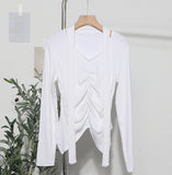 Real Shooting Explosion Long-Sleeved T-Shirt Girl Autumn Folded Waist-Bottomed Shirt V-Neck Ribbon Open Fork Short Top