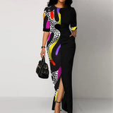 Summer New Elegant Printed Patchwork Pocket Slim Slit Long Dress Women Short Sleeve Evening Party Robe Dresses