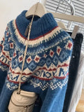 Blue Zipper Jacquard Knitted Cardigan- Outfit