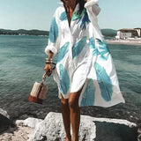 Women Dresses Turn-down Collar Print Casual Long Sleeve Shirt Dress Plus Size Loose Beach Party Vestidos Robe