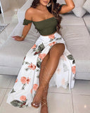 Summer Off Shoulder Ombre Colorblock Sexy Crop Top High Slit Maxi Two Piece Set Women Boho Long Skirt Suits Robe