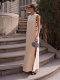 Sleeveless Button Split Maxi Dress Women Round Neck Solid Color Loose Long Robes 2024 Fashion Lady High Street