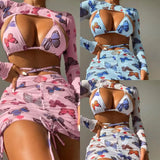 2023 New Butterfly Print Drawstring Strap Sexy Four-Piece Swimsuit