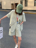 Sets Women Summer Simple Notched Short Sleeve Street Office Trendy Korean Style High Waist Baggy Cozy Female Two