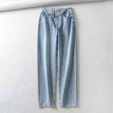 Summer New Fashion Light Blue Women Asymmetric Fly Jeans With Button Closure Split Waist Straight Leg Jeans Plus Size