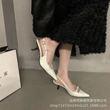 Zingj / Summer 2023 New Belt Buckle Tip Fine Heel Middle Heel Empty Head Sandal Temperament Rivet Low Heel Single Shoe Women-Outfit