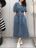 Korea Fashion Summer Puff Sleeve Women Denim Cardigan Dress Ladies Womens Loose Dresses Casual Cardigans Cotton Long