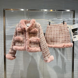 Winter Long Sleeve Real Fox Fur Collar V Neck Pink Plaid Tweed Coat Short Bodycon Skirt Two Piece Set Outfits