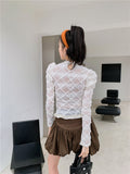 White Lace Top Spring 2022 Womens Fashion Long Sleeve Blouse See Through Cut Out Asymmetrical Designer Top