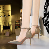 Zingj Hollow High Heels Fine Heel High Heel Shallow Pointed Hollow Out One Word Belt Back Bow