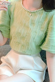 Elegant Beading Lace Blouse Puff Short Sleeve Women Korean Shirts O-neck Sweet Pleated New Casual Loose Tops Blusas