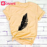 Women Casual Harajuku Fashion T-shirt Feather Print Loose O-neck Short Sleeve Elastic Stretched Summer Home New Tee