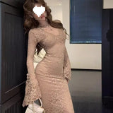V Collar Long-Sleeved Dress Women Early Autumn Lace Hollow Dress Sister Slightly Familiar With Tight-Natured Ass Tail