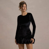 Black Velvet Long Sleeve Puff Trim Bodycon Mini Dress- Outfit
