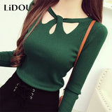 Winter Hollow Out Sexy Solid Sweater Ladies Elegant Fashion Slim Bottoming Knitting Pullover Tops Women Casual